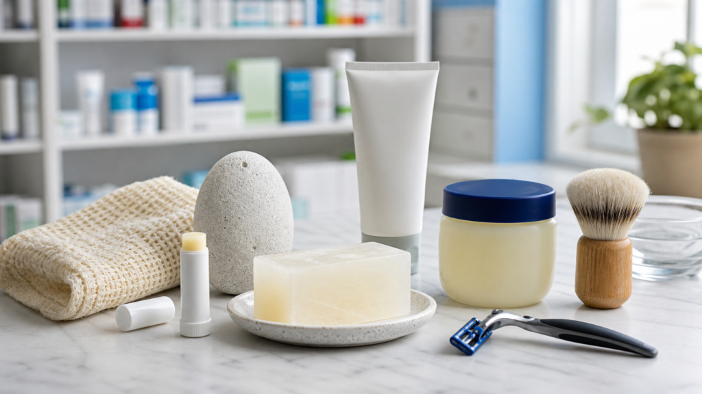 Productos básicos de farmacia para el cuidado personal organizados sobre un mostrador.