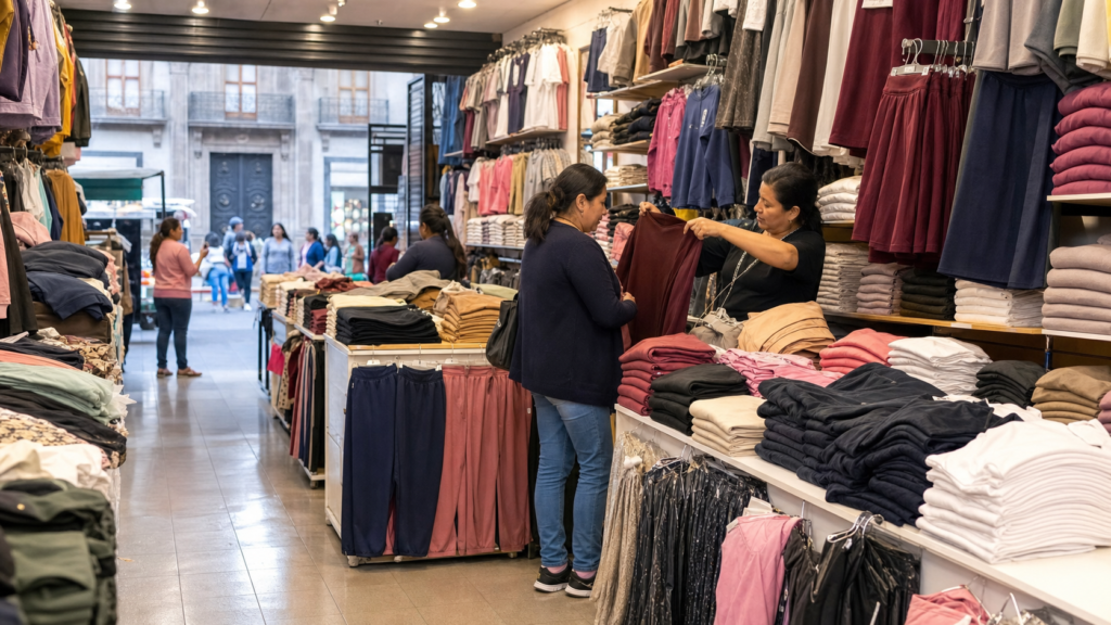 Prendas de ropa dobladas y exhibidas en una tienda mayorista del Centro Histórico.