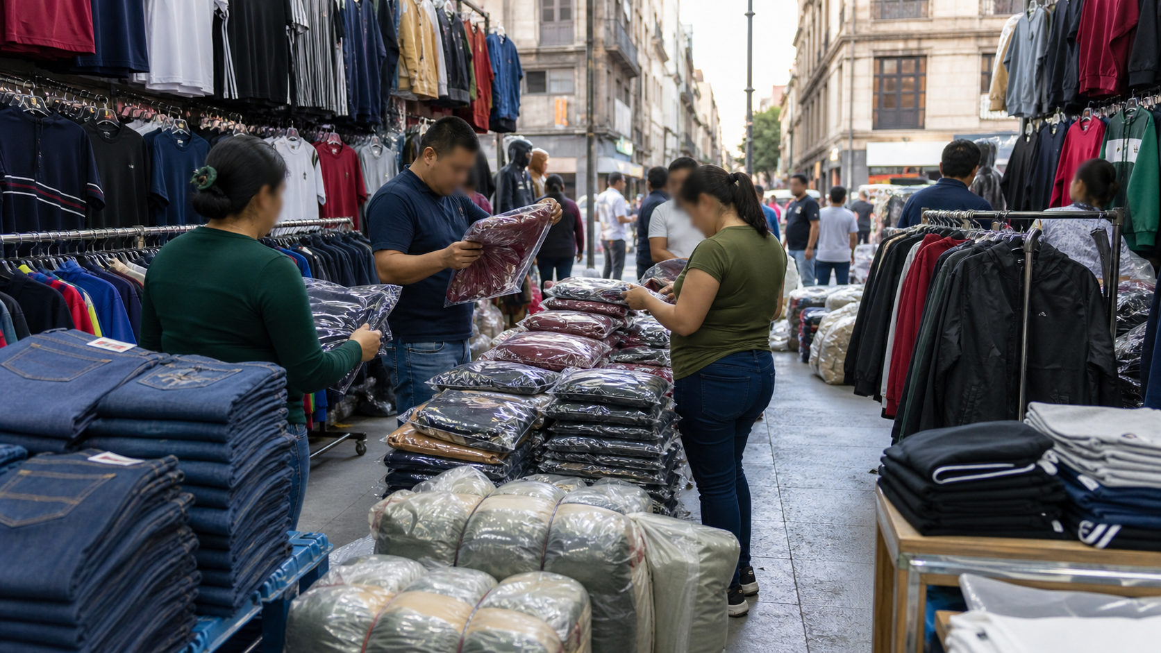 Ropa empacada y exhibida para venta por mayoreo en el Centro Histórico.
