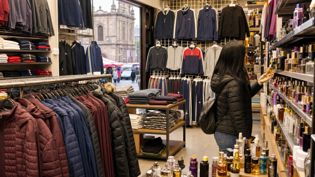 Ropa de temporada y frascos de perfumería exhibidos en una tienda mayorista del Centro Histórico.