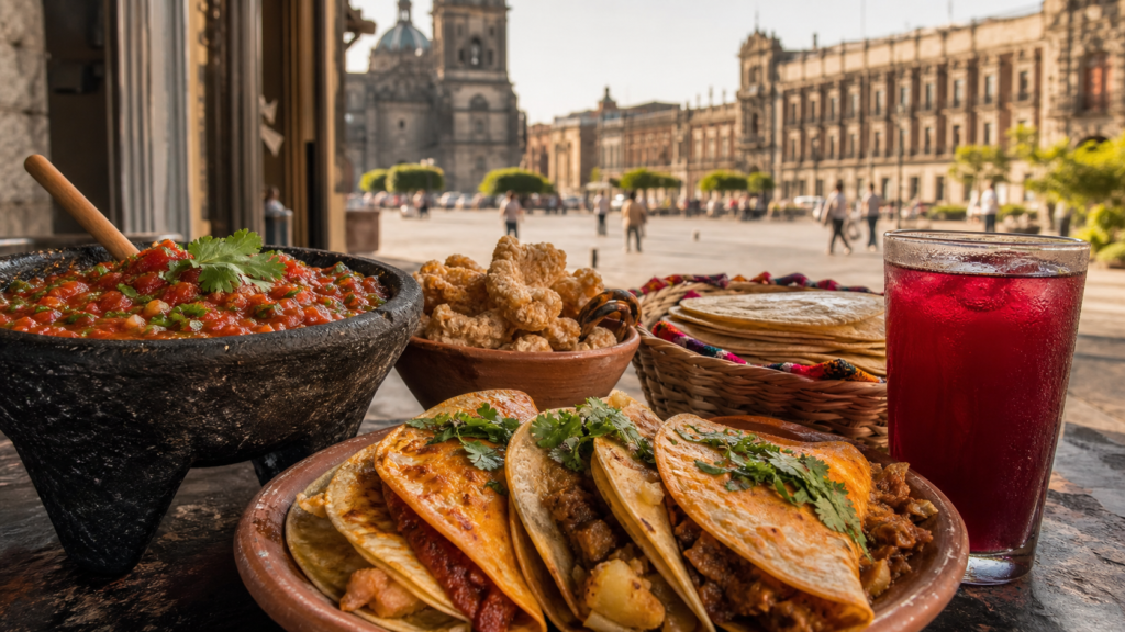 Tacos y antojitos mexicanos frente al Zócalo del Centro Histórico de la Ciudad de México.