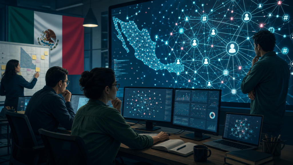 Investigadores analizando una red de interacciones digitales y