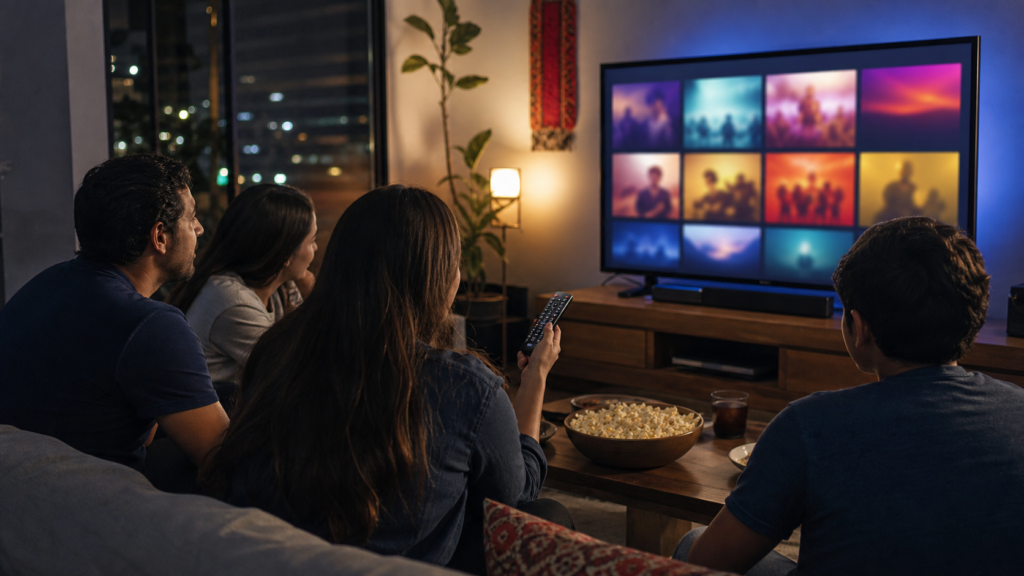 Personas eligen contenido de streaming frente a una pantalla en una sala mexicana.