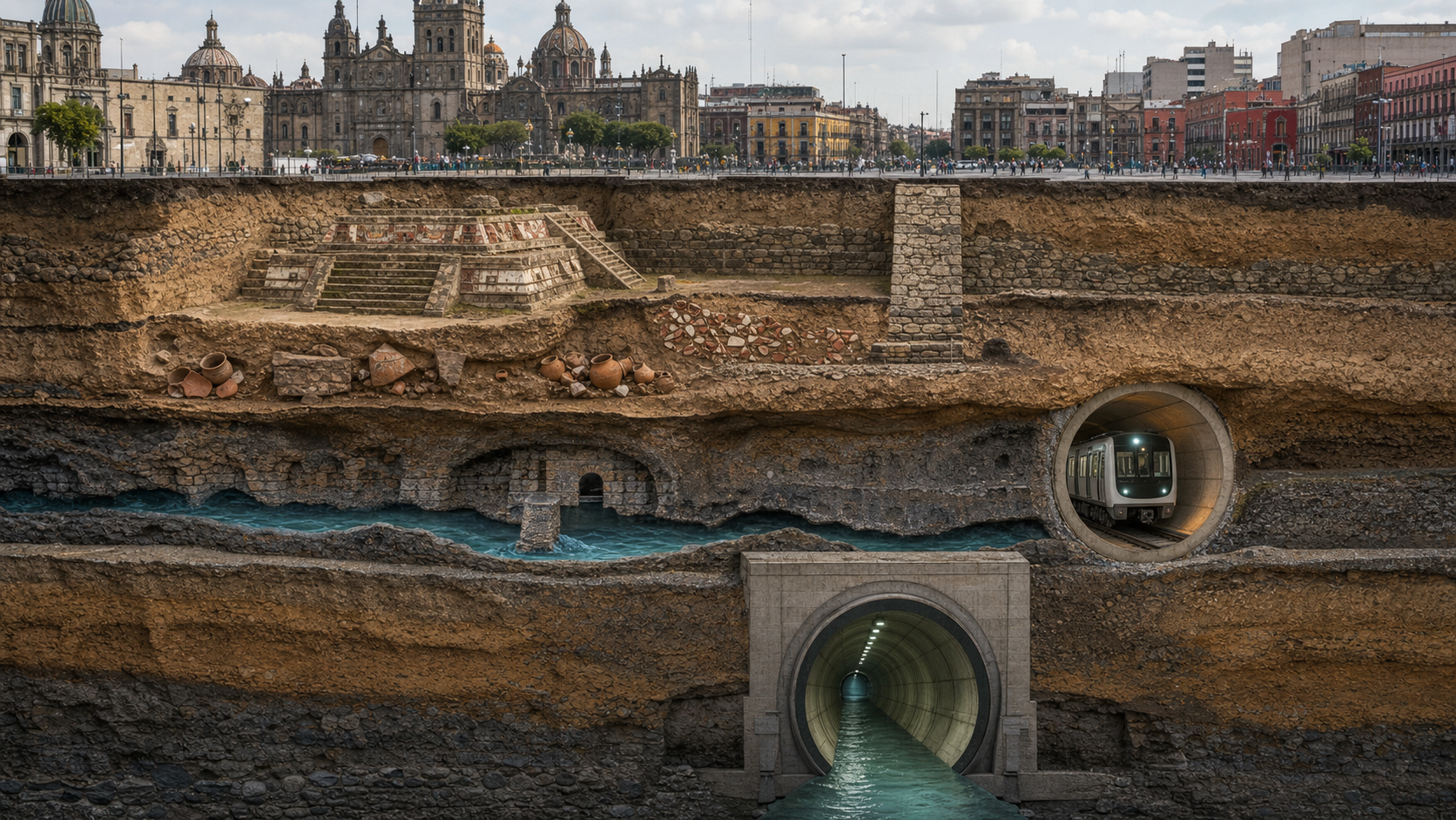 Corte ilustrado del subsuelo de la Ciudad de México con arqueología, Metro, ríos y drenaje profundo.
