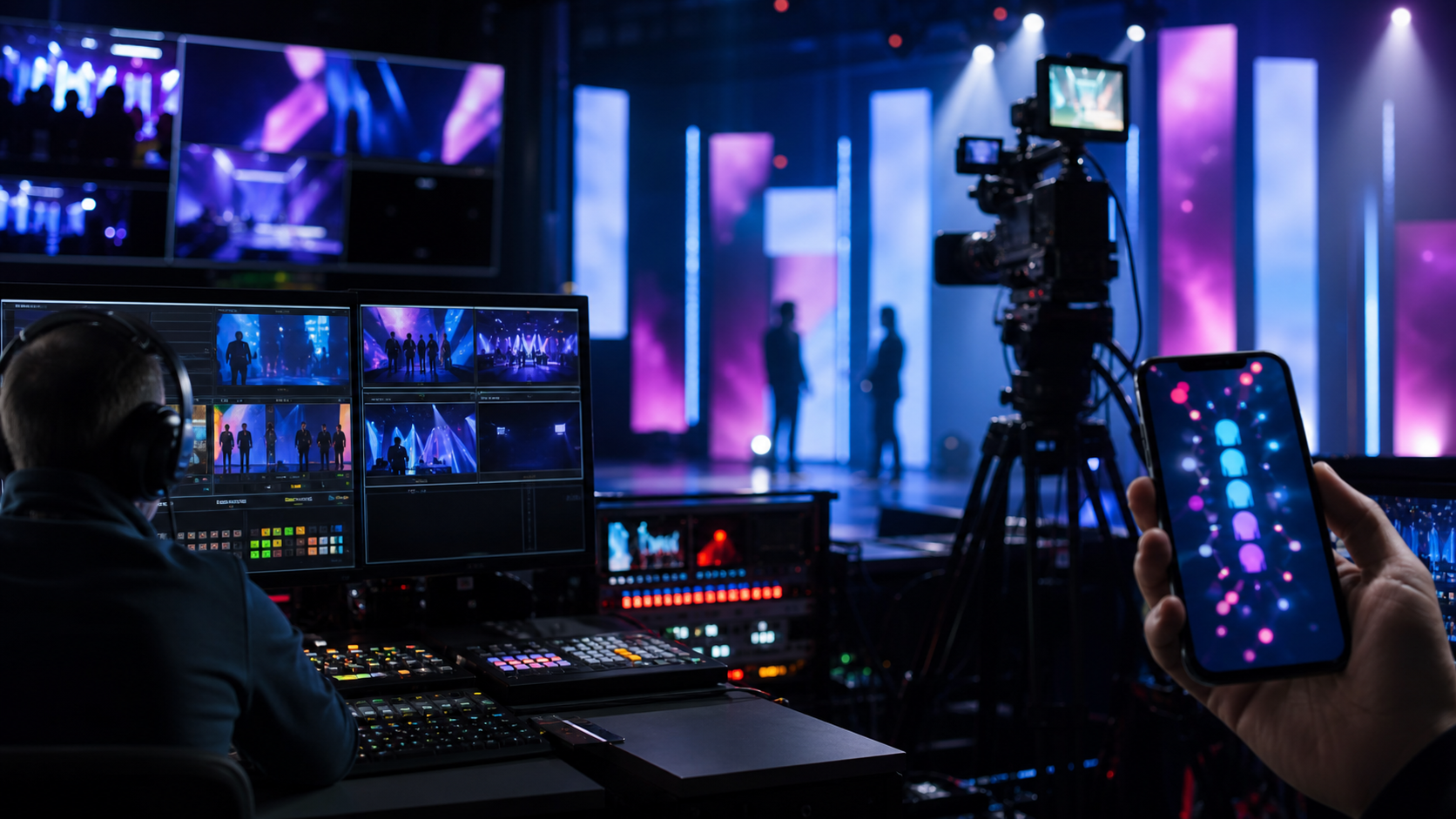 Sala de control de televisión con cámaras, pantallas abstractas y participación digital de la audiencia.