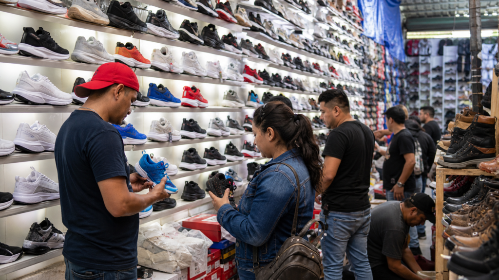 Compradores revisan tenis deportivos en un establecimiento de venta individual y mayoreo en la Gustavo A. Madero.