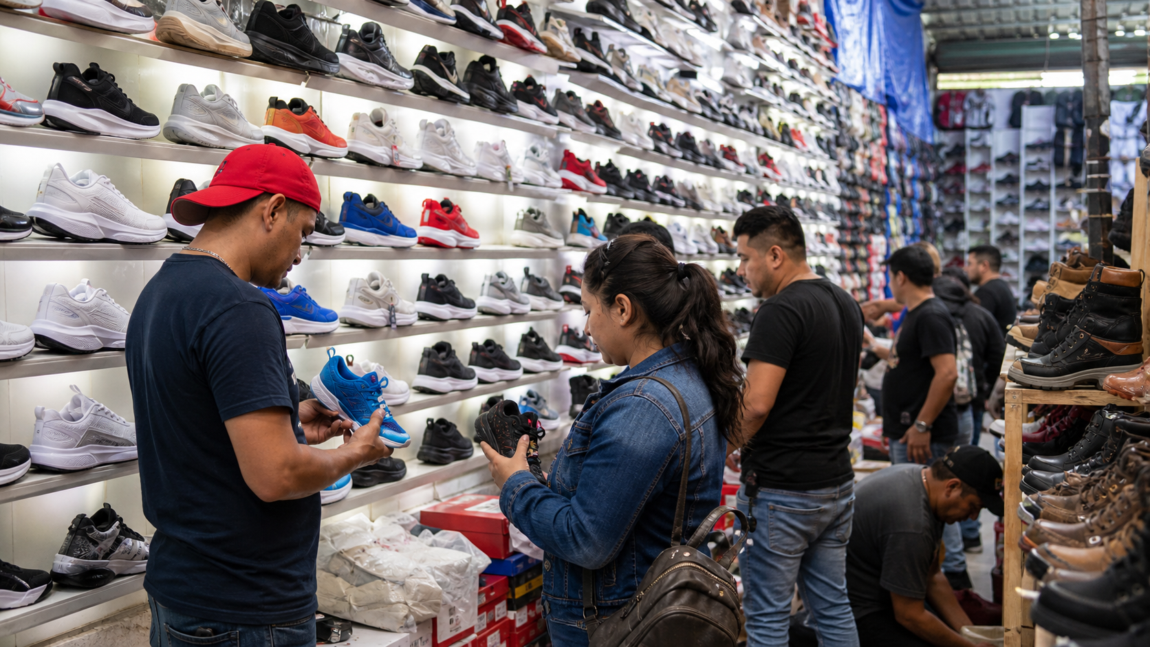 Compradores revisan tenis deportivos en un establecimiento de venta individual y mayoreo en la Gustavo A. Madero.