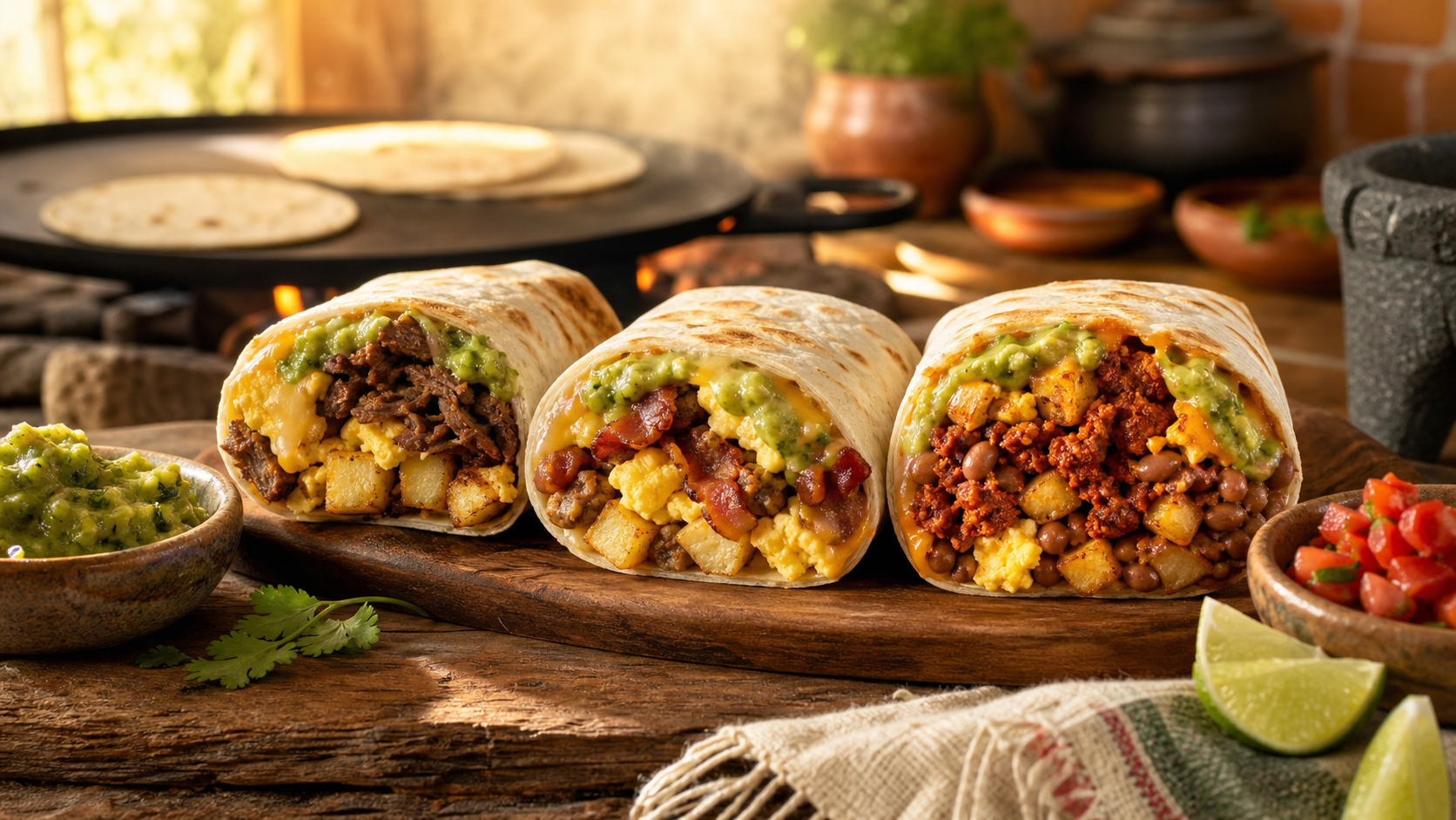 Tres burritos de desayuno abiertos: uno de brisket, uno de tocino y salchicha, y uno de chorizo con papas.
