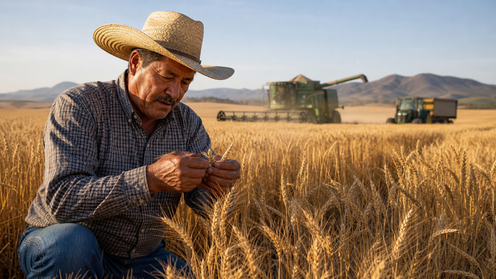 Productor mexicano revisa espigas de trigo en un campo dorado durante la temporada de cosecha.