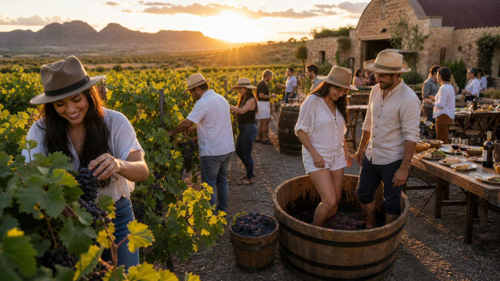 Viñedo de Chihuahua durante una vendimia con visitantes, uvas y paisaje vitivinícola al atardecer.
