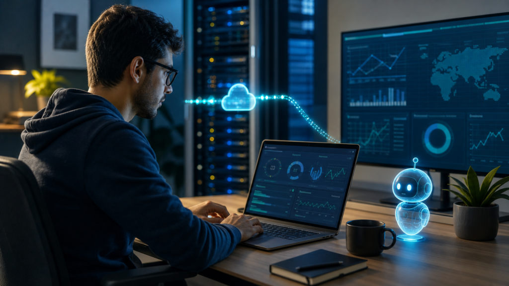Desarrollador revisa el rendimiento de un sitio WordPress con herramientas de inteligencia artificial y conexión segura a un servidor.