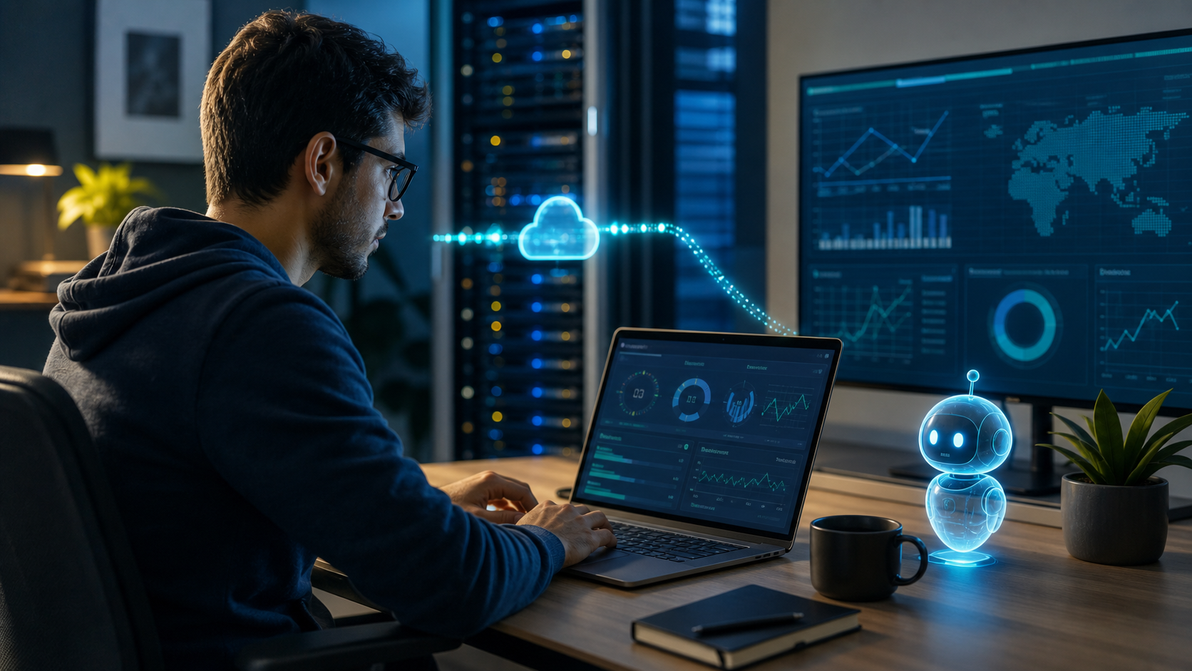 Desarrollador revisa el rendimiento de un sitio WordPress con herramientas de inteligencia artificial y conexión segura a un servidor.