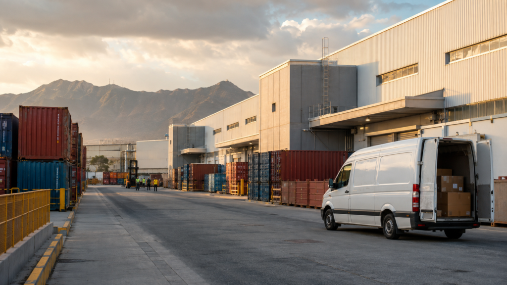 Nave de una planta industrial con contenedores y una camioneta de proveedor en un centro logístico mexicano, imagen editorial sobre inversión extranjera.