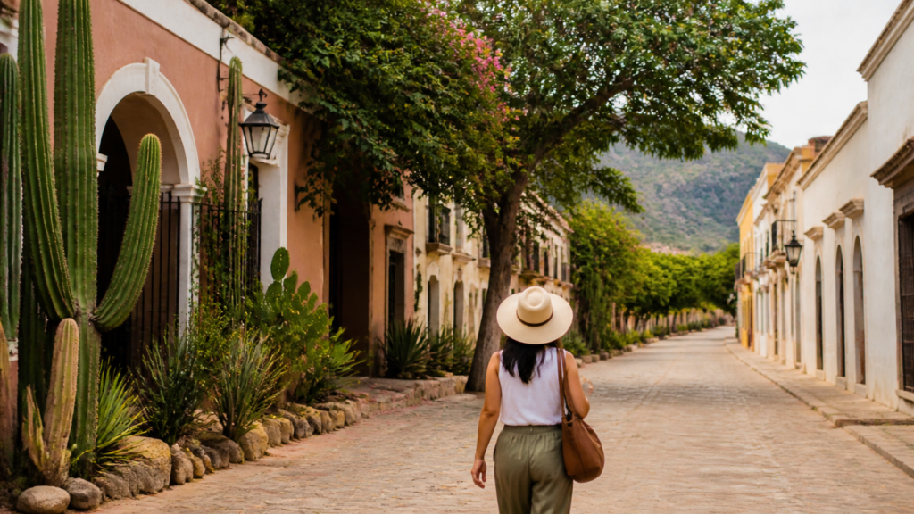 Calle de Álamos, Sonora, con arquitectura de patios, árboles y sierra al fondo durante una caminata cultural
