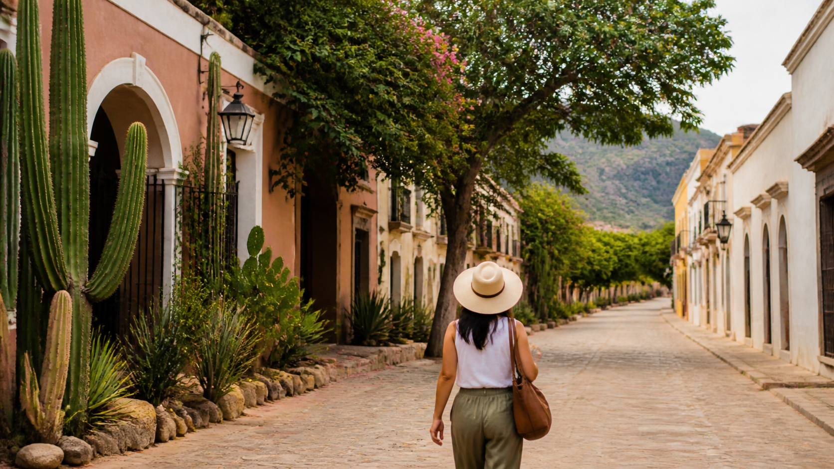 Calle de Álamos, Sonora, con arquitectura de patios, árboles y sierra al fondo durante una caminata cultural