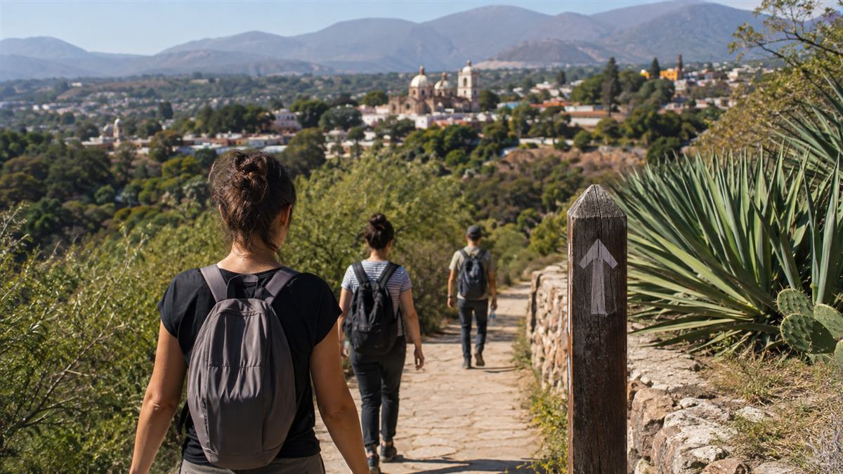 Viajeros recorren una ruta local mexicana con mochila y paisaje al fondo
