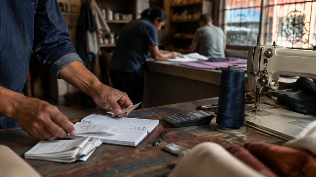 Manos revisando recibos y una libreta junto a una máquina de coser en un taller, imagen editorial sobre empleo e informalidad laboral.