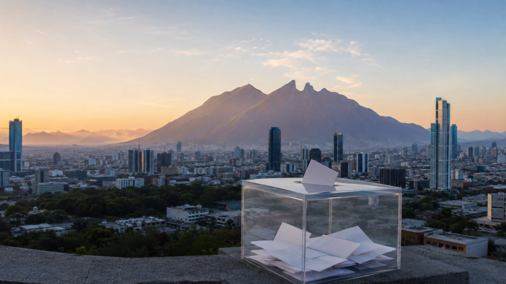 Urna transparente frente al horizonte de Monterrey y el Cerro de la Silla
