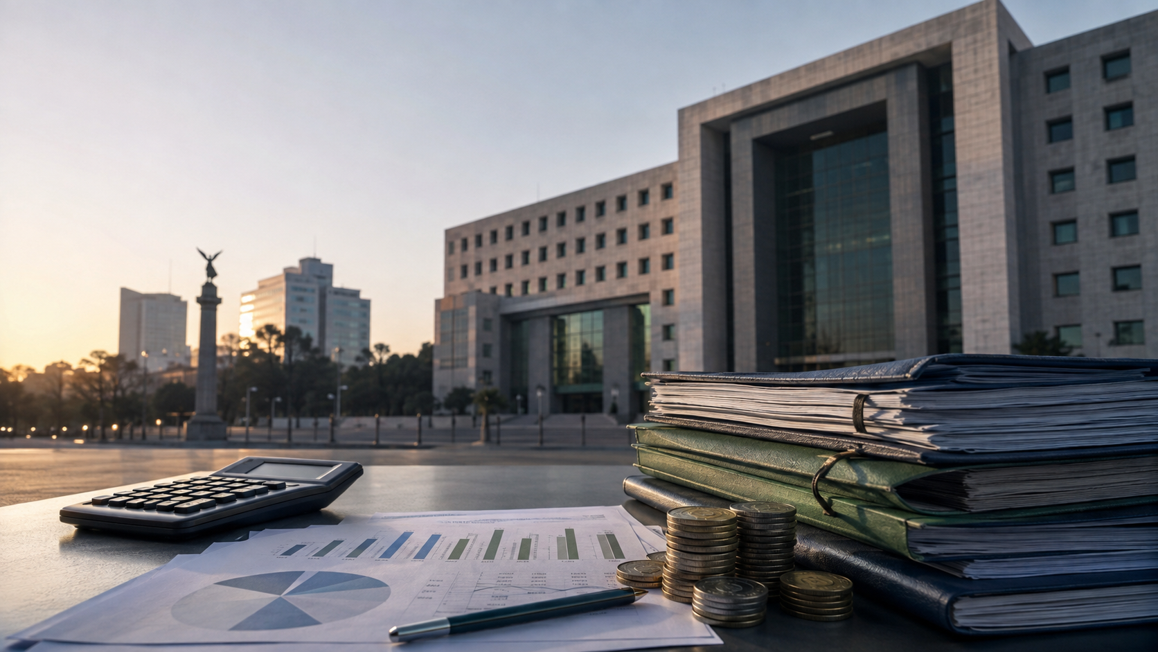 Documentos presupuestarios, monedas y calculadora frente a un edificio público en Ciudad de México para analizar ingresos y deuda.