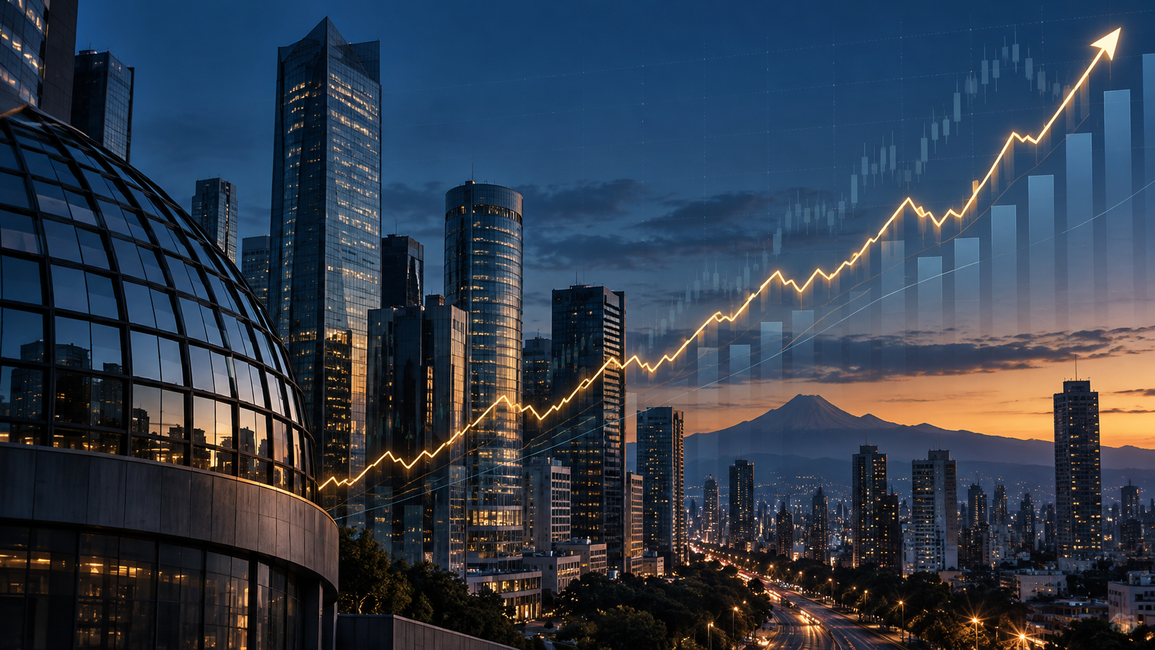 Gráfica ascendente sobre el cierre del IPC de la Bolsa Mexicana de Valores frente al perfil urbano de Ciudad de México al atardecer