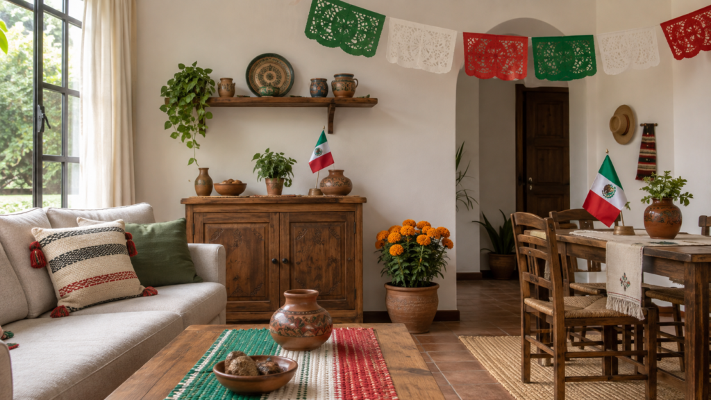 Sala de casa mexicana decorada para las fiestas patrias con papel picado, banderas, textiles tricolores, barro y cempasúchil.