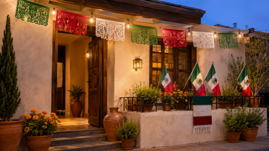 Entrada y balcón de una casa mexicana decorados con banderines tricolores, banderas, macetas de cempasúchil y luces cálidas.