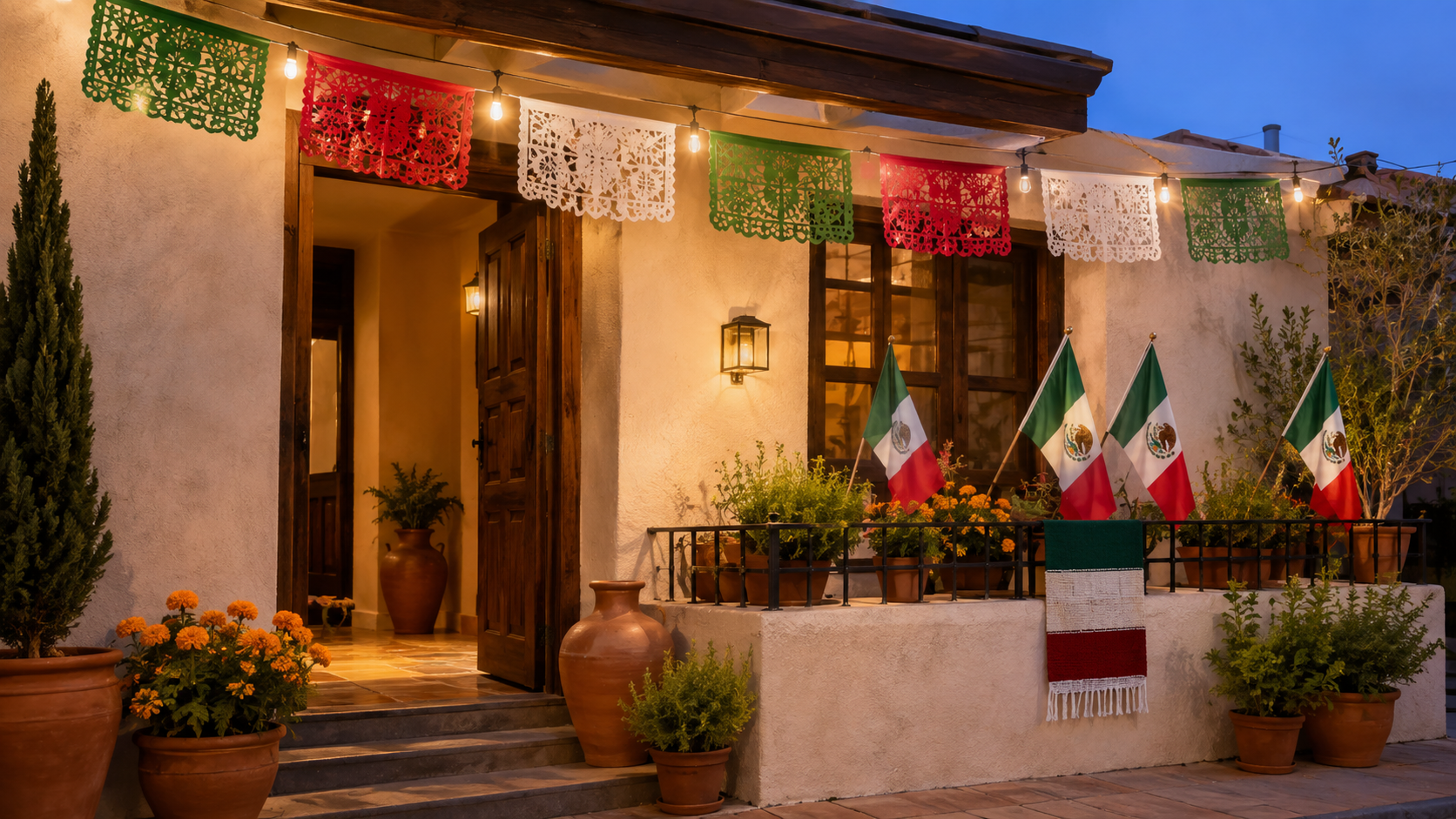 Entrada y balcón de una casa mexicana decorados con banderines tricolores, banderas, macetas de cempasúchil y luces cálidas.