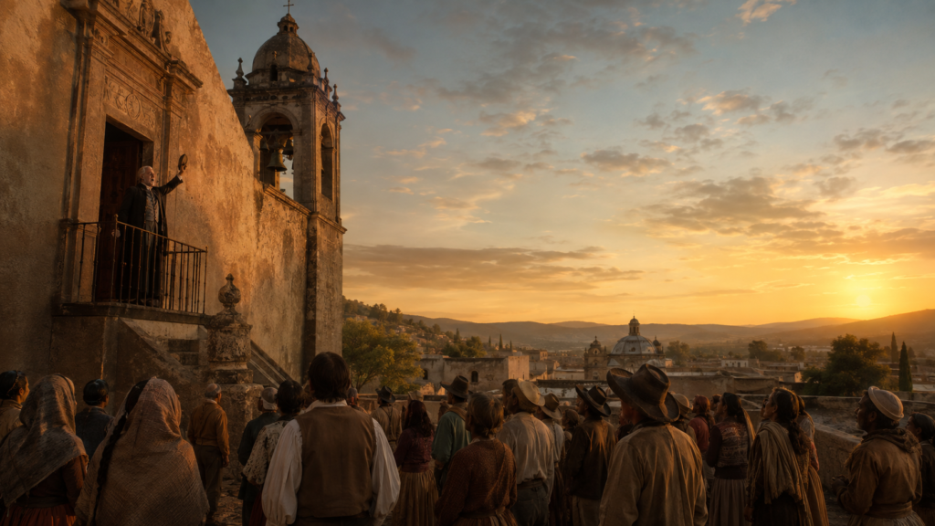 Escena histórica del Grito de Dolores de 1810 frente a una parroquia colonial al amanecer, con Miguel Hidalgo y habitantes reunidos.