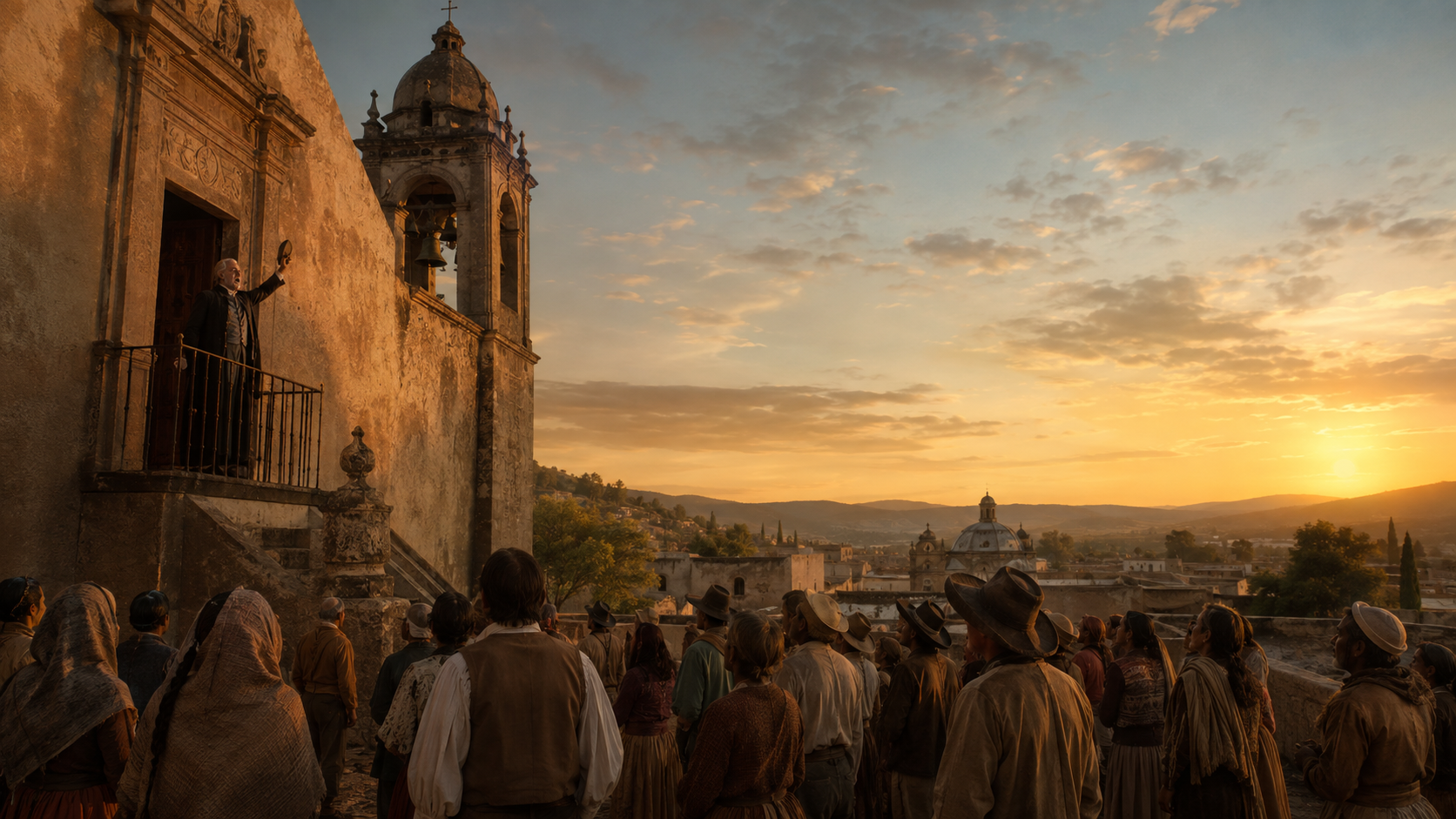 Escena histórica del Grito de Dolores de 1810 frente a una parroquia colonial al amanecer, con Miguel Hidalgo y habitantes reunidos.