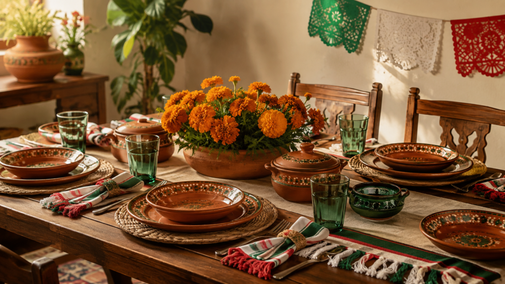 Mesa mexicana para las fiestas patrias con vajilla de barro, servilletas tricolores, cempasúchil y papel picado.