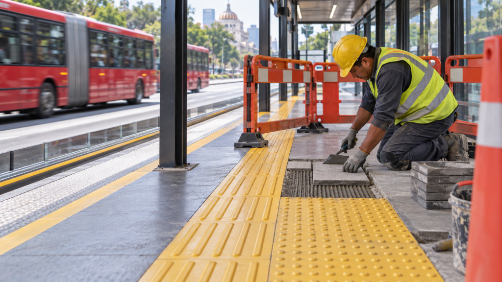 Ilustración editorial generada con IA de trabajos en una guía táctil de una estación de transporte; no documenta una estación ni un cierre real del Metrobús.