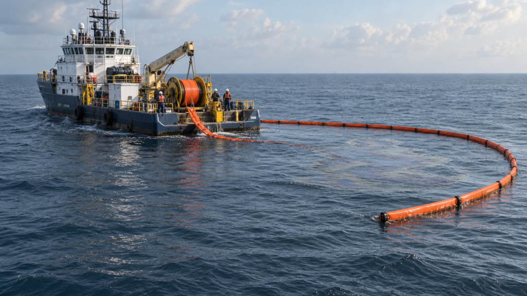 Embarcación de mantenimiento despliega equipo de contención sobre una presencia de aceite crudo en el mar