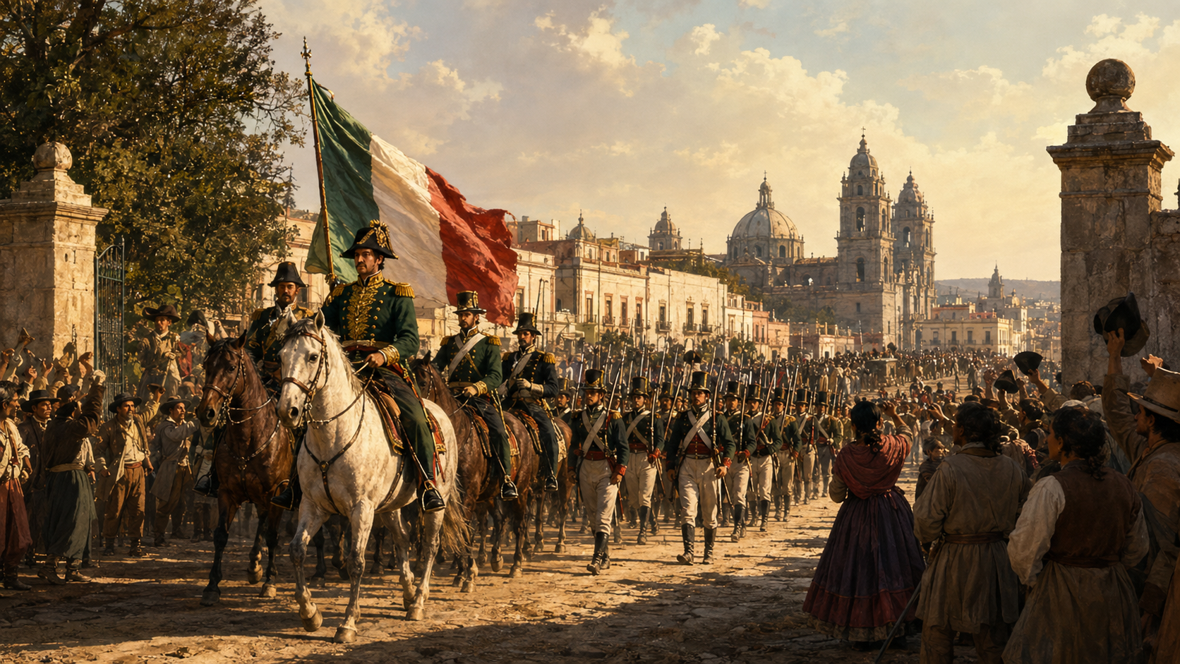 Ejército Trigarante entrando a la Ciudad de México en 1821, con población reunida y arquitectura colonial al fondo.