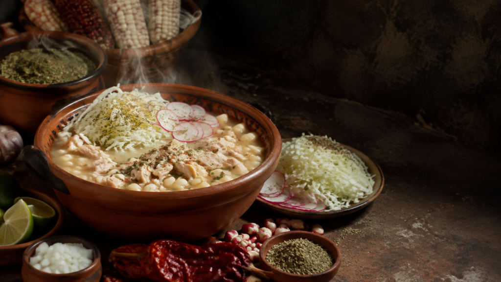 Pozole de maíz cacahuazintle servido en cazuela de barro con col, rábanos, chile y limón, como representación de su raíz mesoamericana.