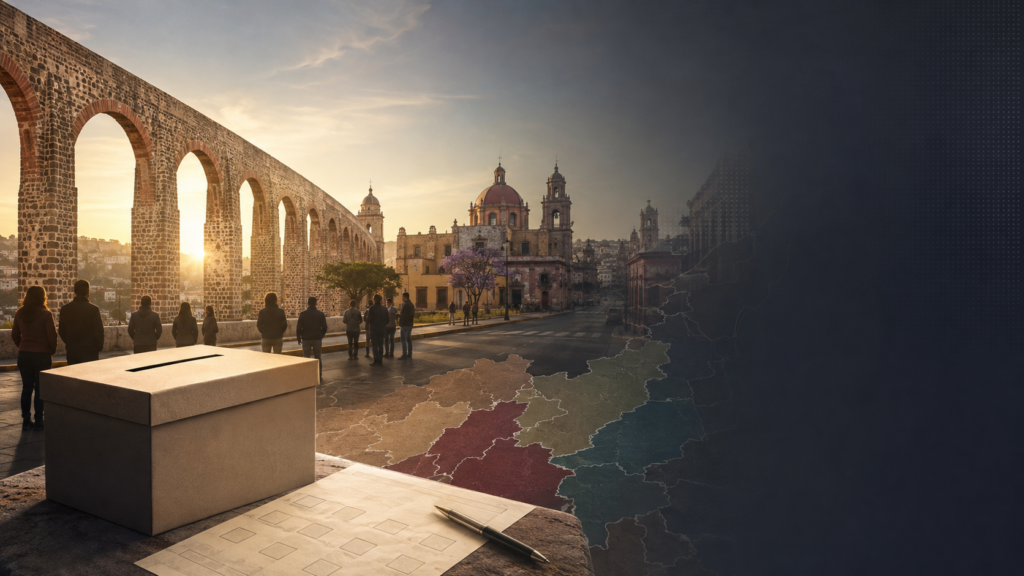 Centro histórico de Querétaro y su acueducto con urna y mapa electoral, como representación de la elección de gobernador de 2027.