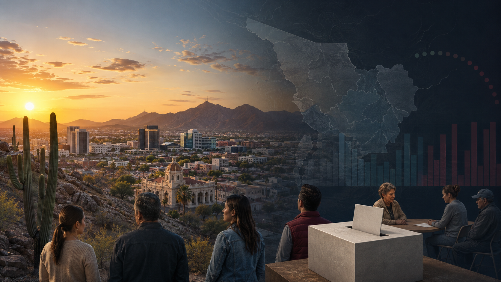 Paisaje urbano de Hermosillo y desierto sonorense con urna y mapa electoral, como representación de la elección de gobernador de Sonora en 2027.