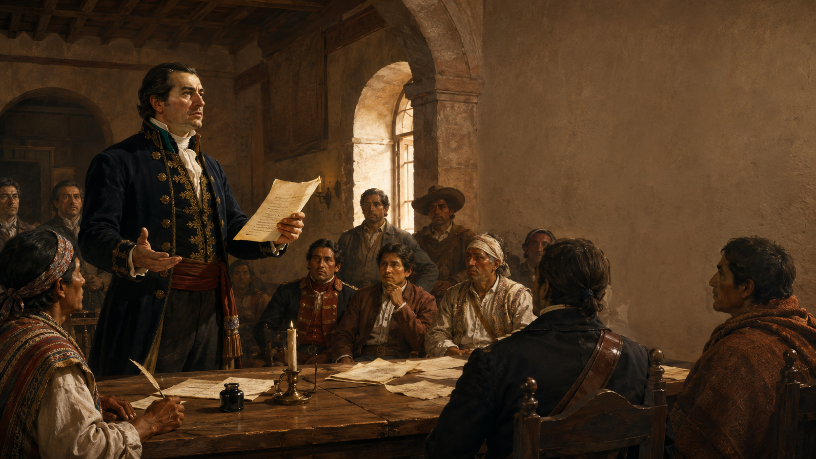 José María Morelos presenta los Sentimientos de la Nación ante el Congreso de Anáhuac en Chilpancingo, en una escena histórica de 1813.