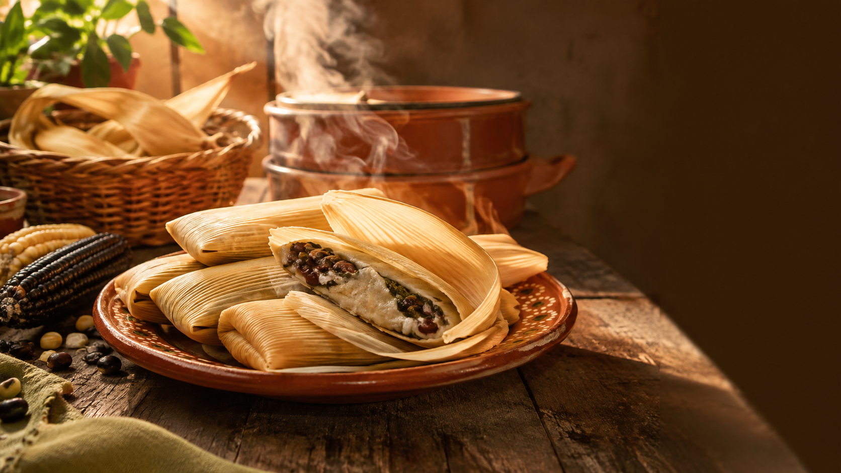 Tamales de maíz envueltos en hojas de totomoxtle, con maíz nativo y relleno de frijol, en una cocina tradicional mexicana.