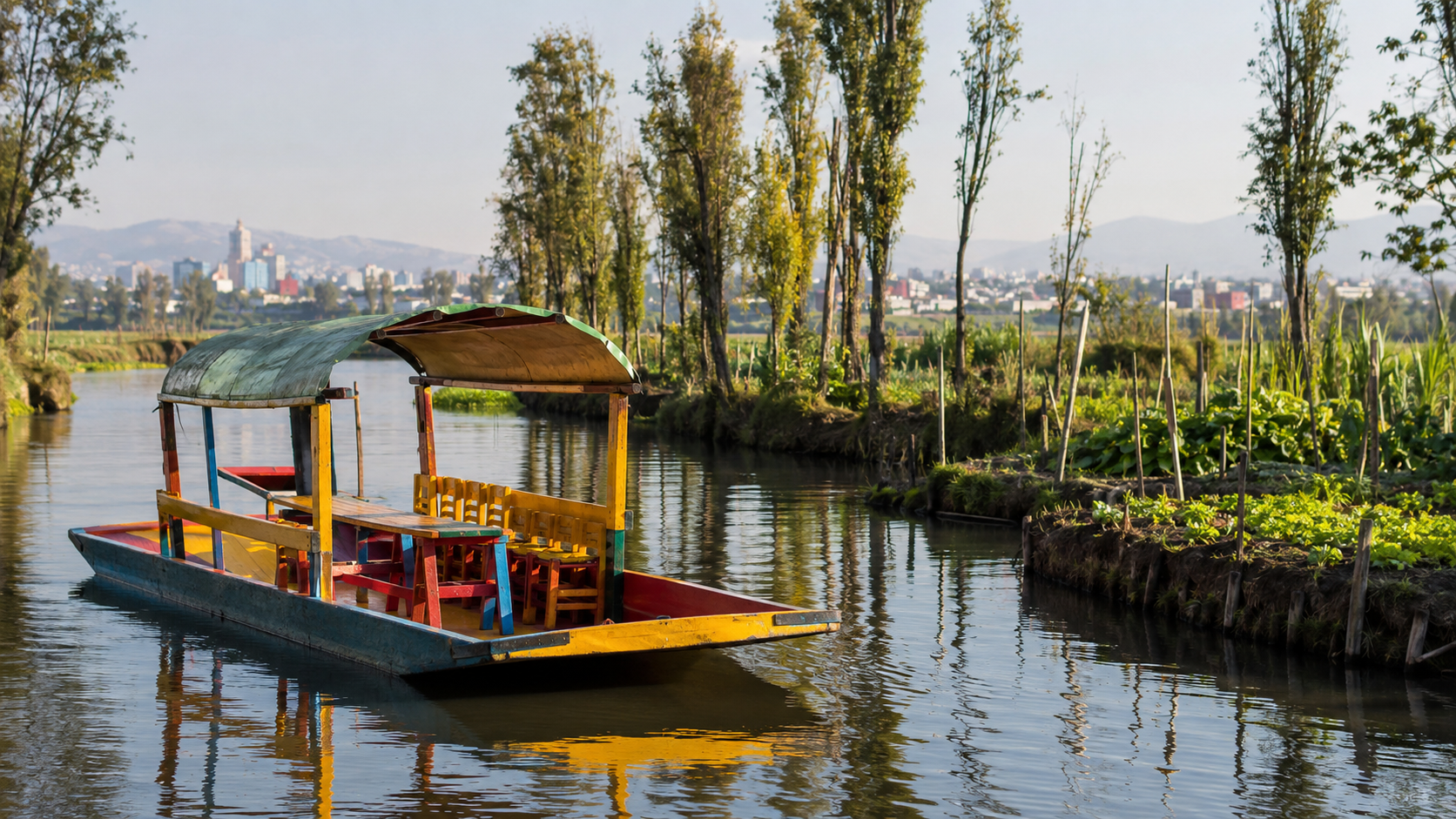 Trajinera colorida navegando un canal de Xochimilco en la Ciudad de México, junto a chinampas verdes y jardines.