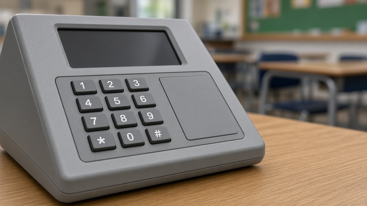 Máquina de votación electrónica gris genérica sobre una mesa en un salón escolar