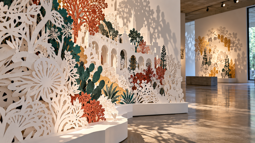 Instalación de papel recortado con formas vegetales y sombras dentro de una galería