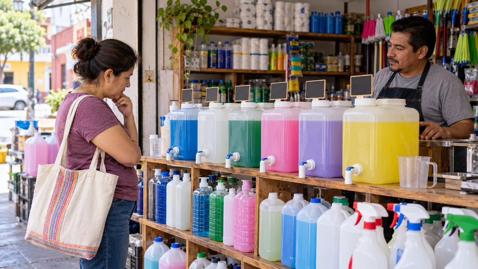 Cliente compara productos de limpieza a granel en una tienda de barrio