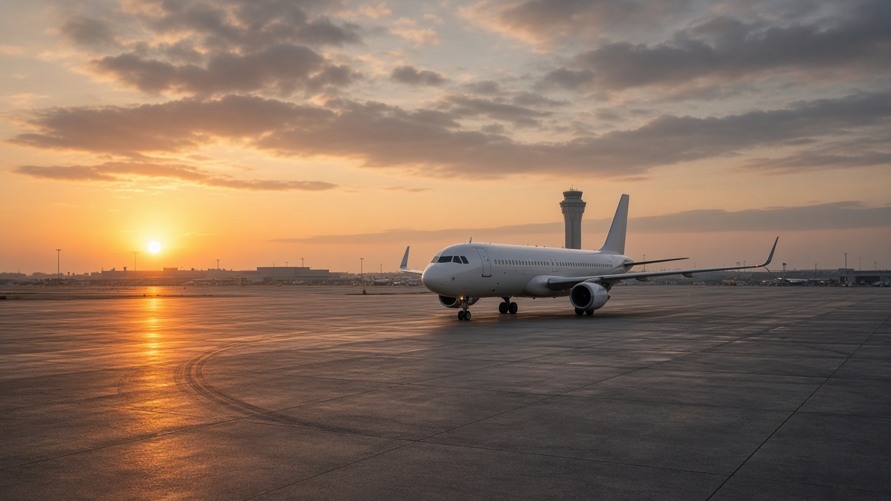 Avión de pasajeros blanco sin insignias en la plataforma de un aeropuerto al amanecer con la torre de control al fondo, sin personas
