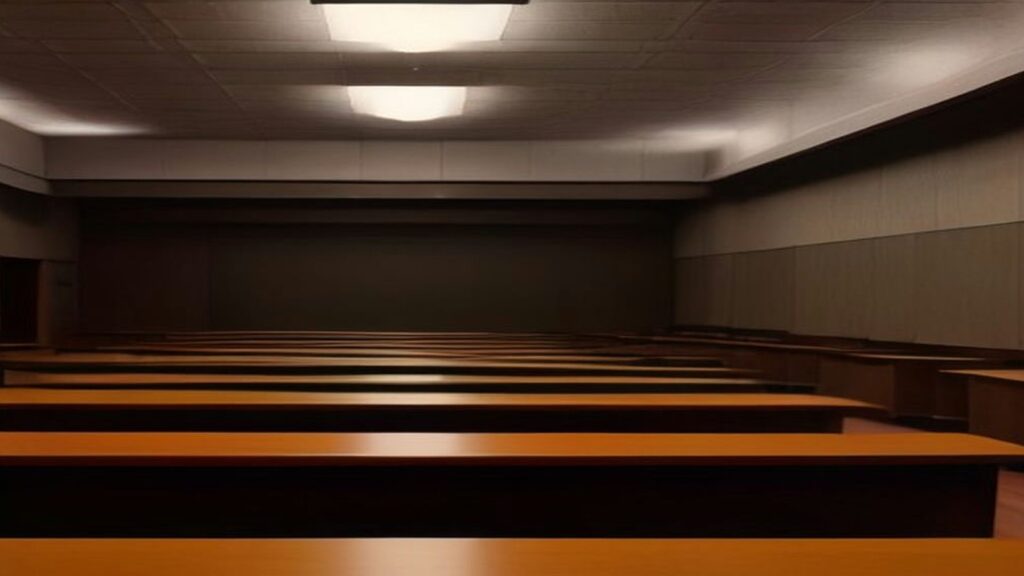 Sala vacía con largas mesas de madera alineadas y lámparas empotradas en el techo, bajo una luz cálida y tenue