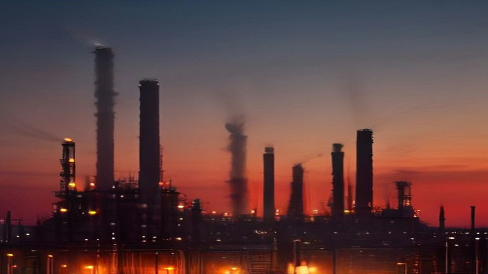 Refinería al atardecer con torres de destilación, chimeneas humeantes y luces industriales encendidas bajo un cielo anaranjado