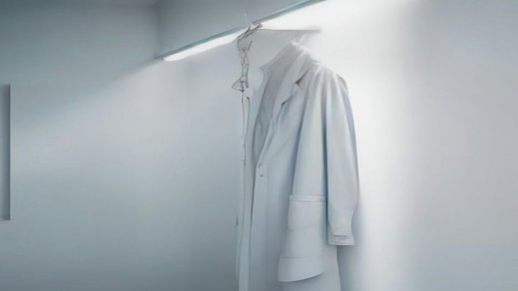 Bata médica blanca colgada de un gancho en una pared blanca iluminada por luz natural