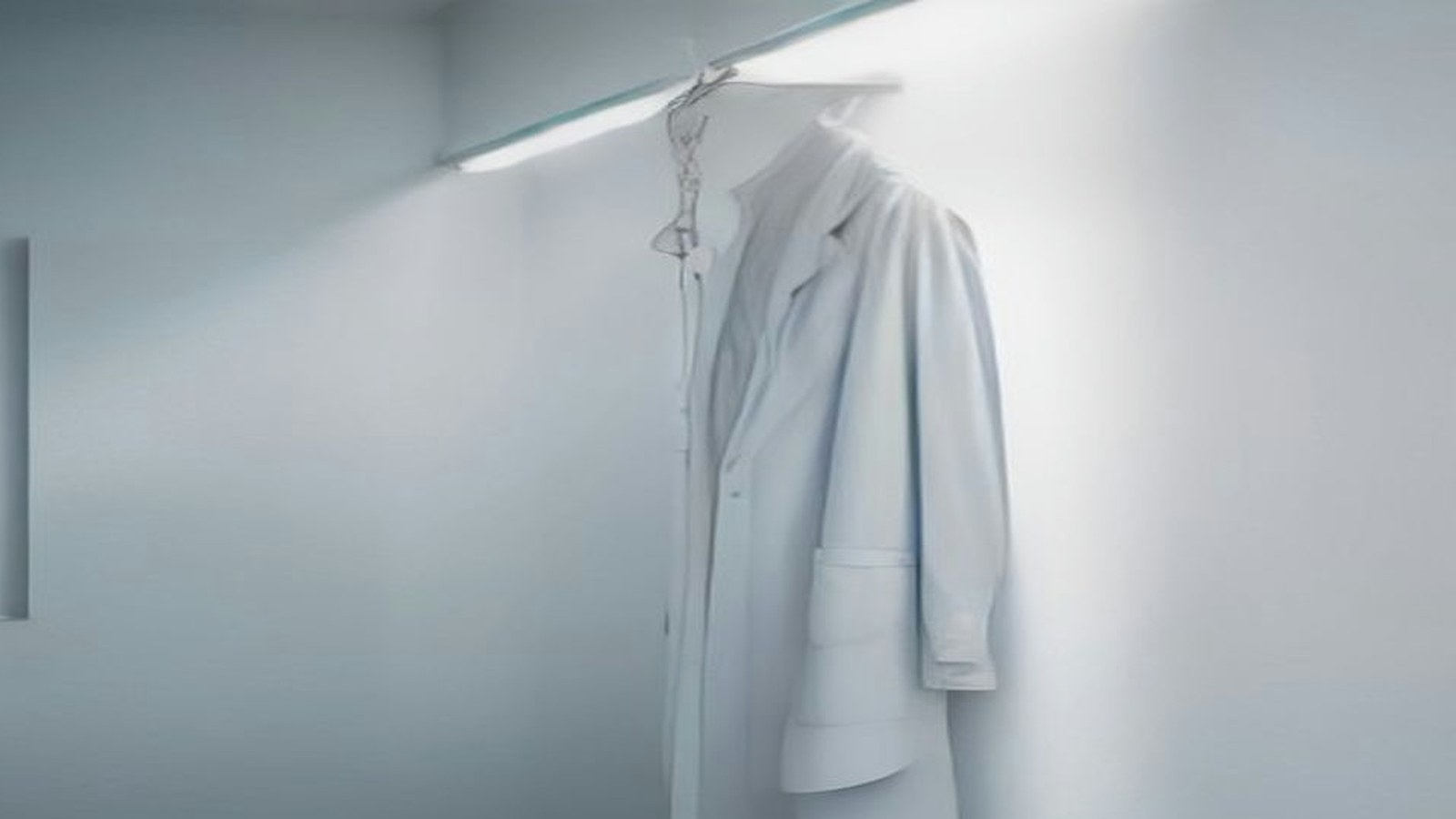 Bata médica blanca colgada de un gancho en una pared blanca iluminada por luz natural