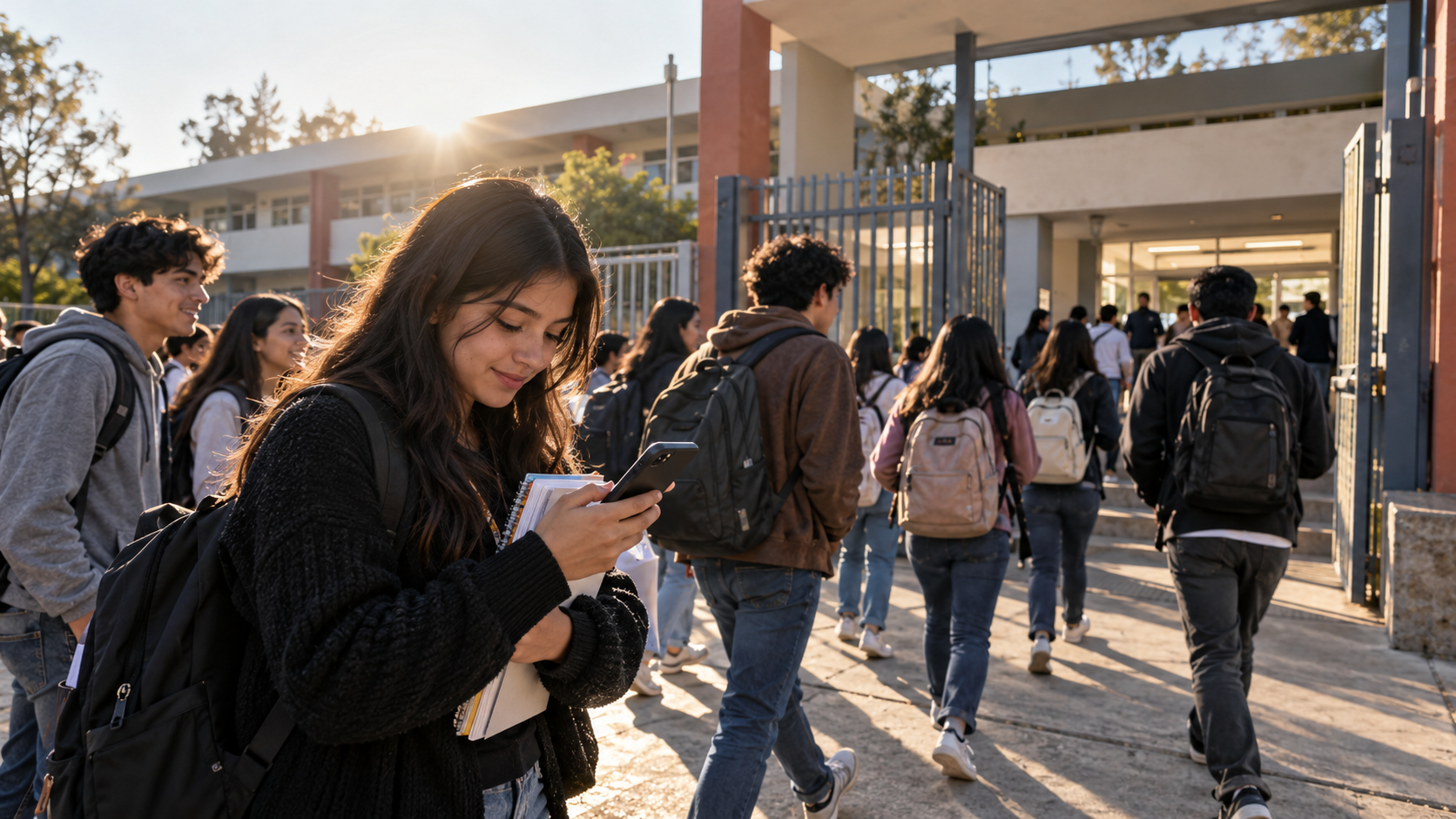 Estudiantes ingresan a una preparatoria pública durante el inicio de pagos de Becas para el Bienestar