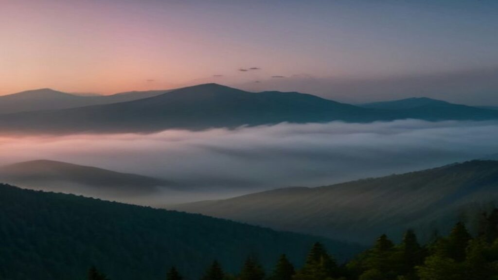 Montañas cubiertas de bosque con niebla en los valles al amanecer