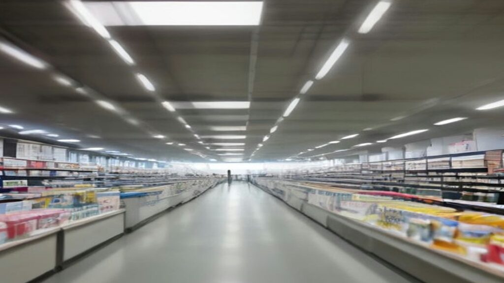 Pasillo largo de una tienda departamental con anaqueles llenos de productos bajo luces blancas
